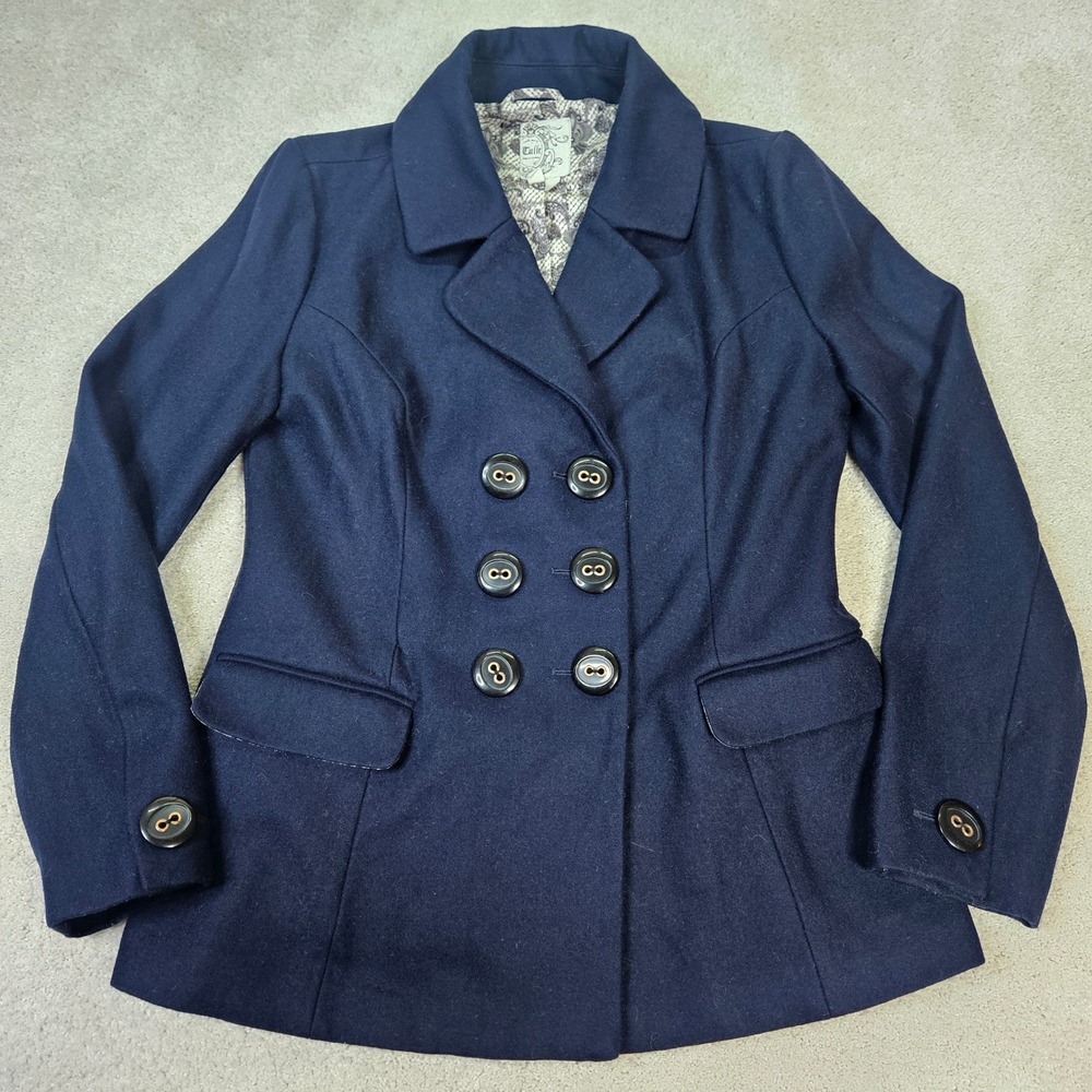 Tulle Anthropologie Navy Wool Blend Coat Womens L Jacket Peacoat Retro Mod Chic